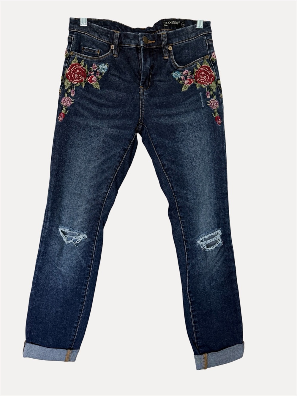 Blank NYC Dark Blue Embroidered Boyfriend Jeans